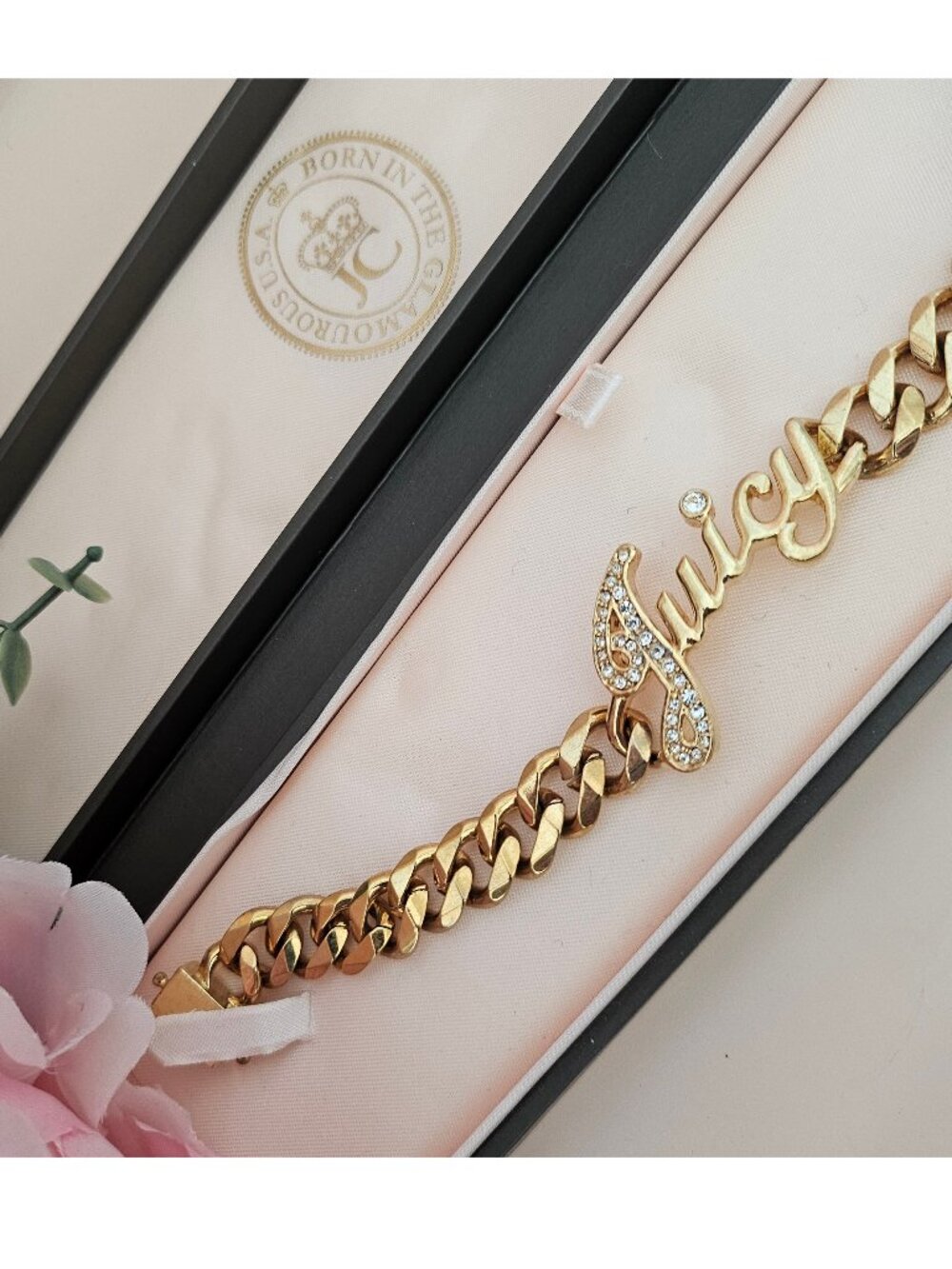Juicy Couture Gold Tone Chain Bracelet with Crystal Logo Charm w/ Box - Picture 3 of 11
